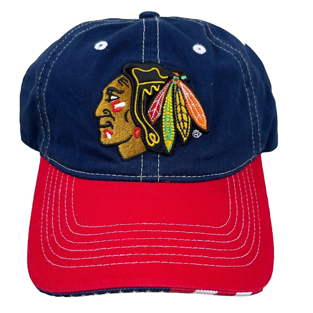 Chicago Blackhawks Hat Cap Strap Back Blue Red Adjustable NHL Hockey‎ Mens Adult